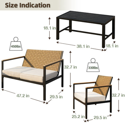 4 Pieces Metal Patio Furniture Set, Hand-Made Drawstring Outdoor Patio Conversation Sets Outside loveseat with Soft Cushion for Garden, Backyard, Porch, Poolside - Discount Msrp 