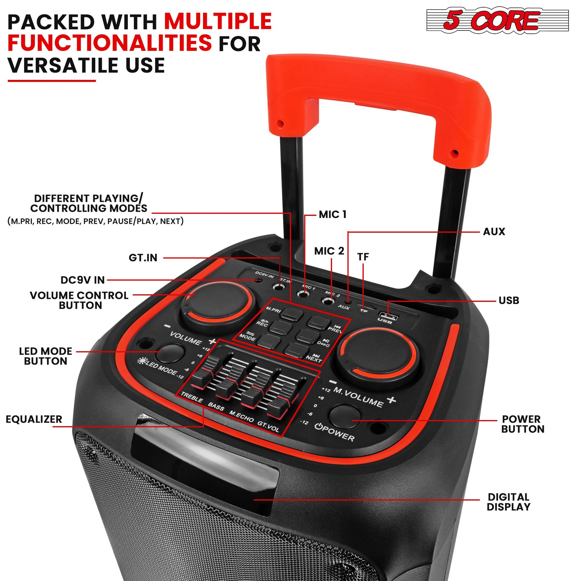 5 Core 8 Inch Bluetooth DJ Speaker 3 Way Boom Box Party Speakers Karaoke Machine Portable PA Bocina for Singing with 2 Wireless Microphone + Light PLB 8X2 2MIC - Discount Msrp 