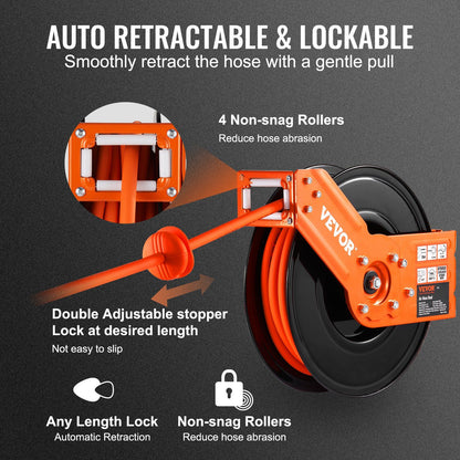 VEVOR Retractable Air Hose Reel, 3/8 IN x 50 FT Hybrid Air Hose Max 300PSI, Air Compressor Hose Reel with 5 ft Lead in, Ceiling / Wall Mount Heavy Duty Single Arm Steel Reel - Discount Msrp 