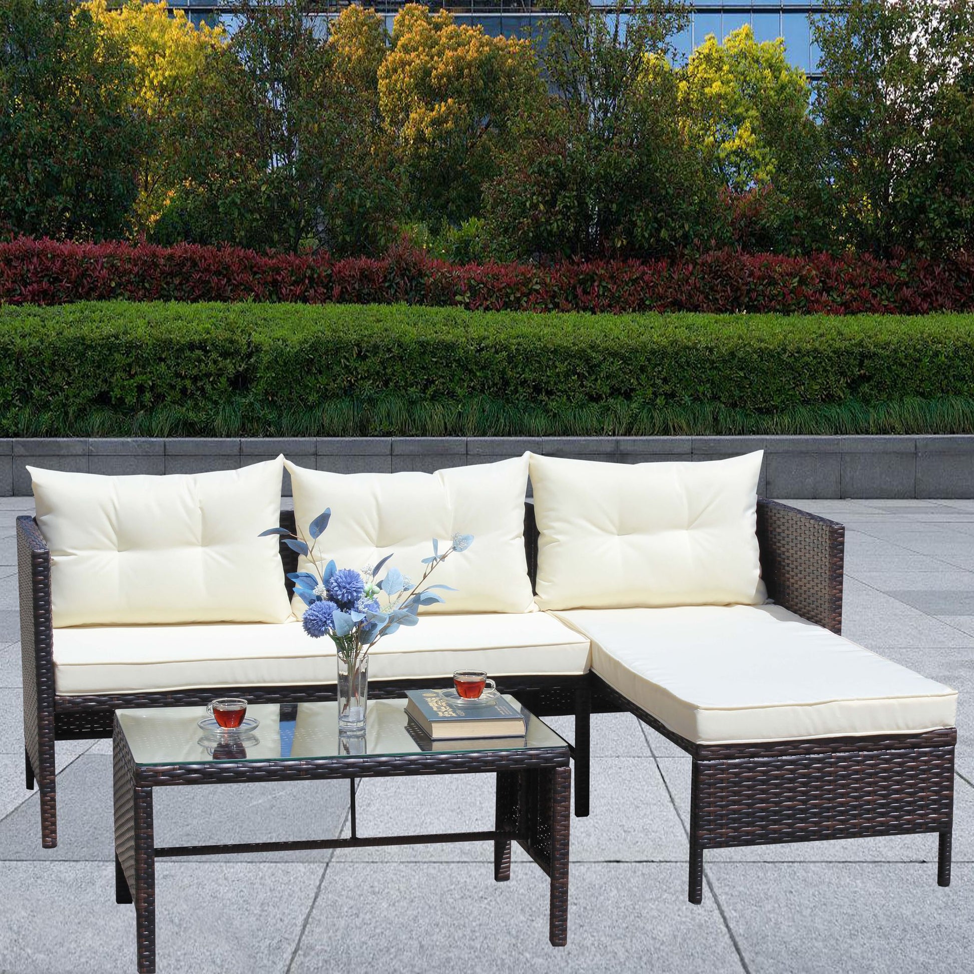 Outdoor patio Furniture sets 3 piece Conversation set wicker Ratten Sectional Sofa With Seat Cushions(Beige Cushion) - Discount Msrp 