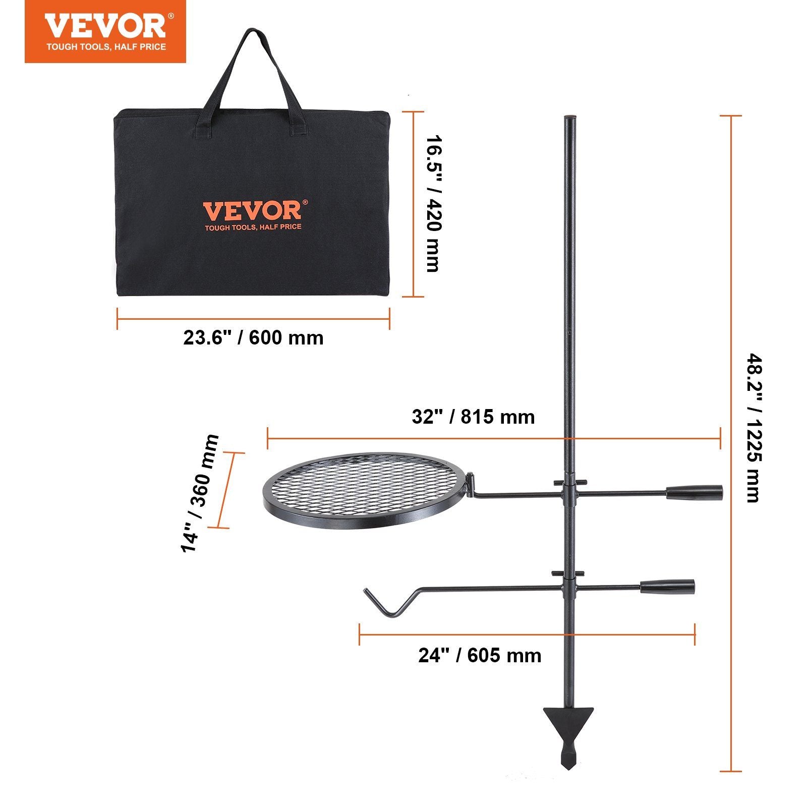 VEVOR Swivel Campfire Grill, Fire Pit Grill Grate over Fire Pits, Heavy Duty Steel Grill Grates, 360° Adjustable Open Fire Outdoor Cooking Equipment, Portable Camp Fire Racks for Camping Outdoor BBQ - Discount Msrp 