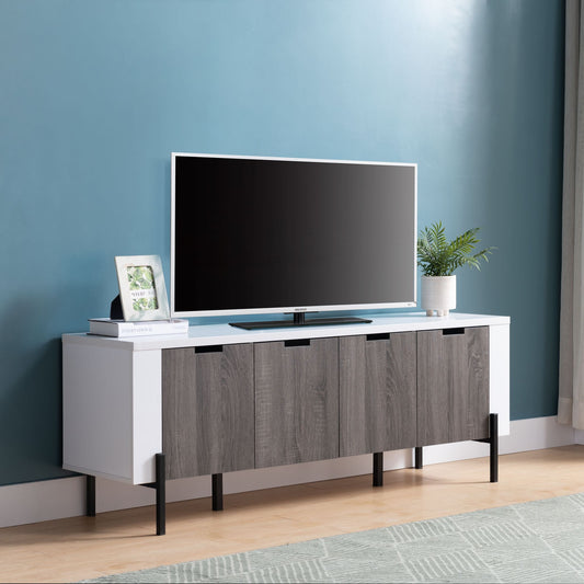 60" Two- Toned TV Stand with Four Cabinet Doors, Storage Cabinet -White & Distressed Grey - Discount Msrp 