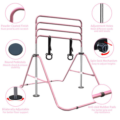 Pink Multi-Functional Adjustable Height Children's Horizontal Gymnastic Bar With Bear Rings - Discount Msrp 