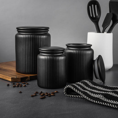 (2 pack) Medium (815mL) Ceramic Ribbed Kitchen Organization Jar, Black - Discount Msrp 