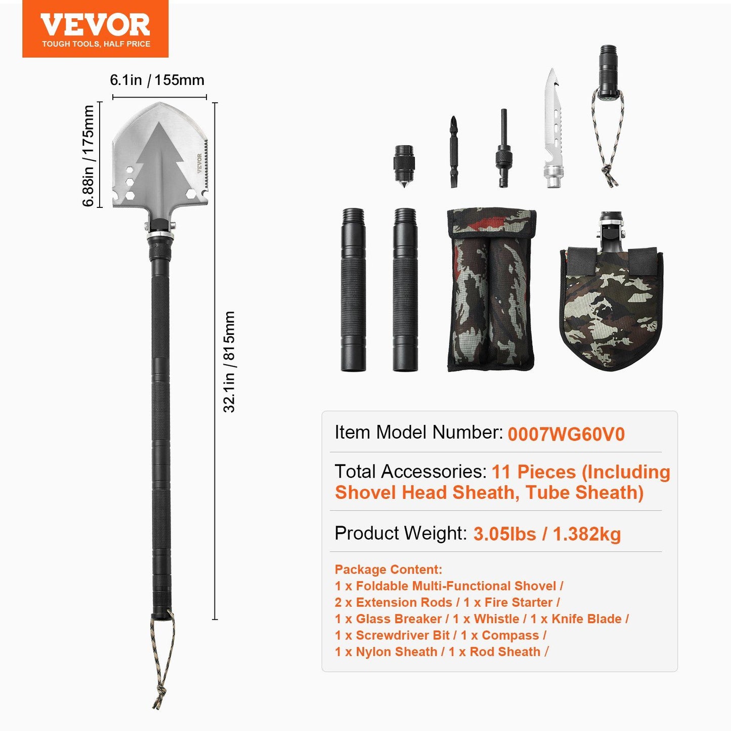 Survival Shovel 11 in 1 Camping Shovel Folding Multitool Portable Compact - Discount Msrp 