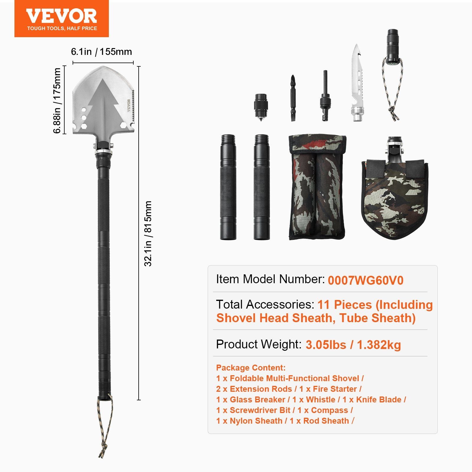 Survival Shovel 11 in 1 Camping Shovel Folding Multitool Portable Compact - Discount Msrp 
