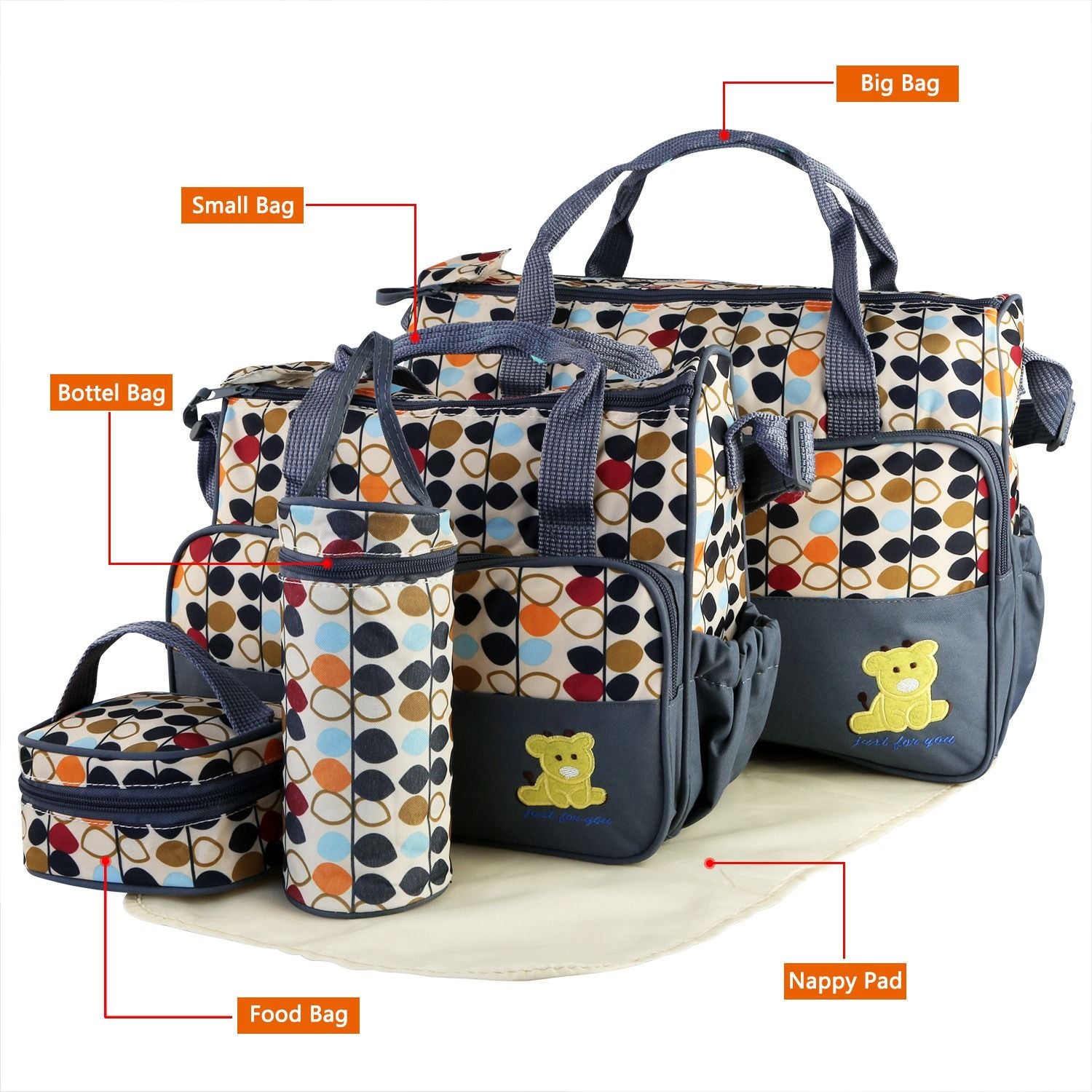 5PCS Baby Nappy Diaper Bags Set Mummy Diaper Shoulder Bags w/ Nappy Changing Pad Insulated Pockets Travel Tote Bags - Discount Msrp 