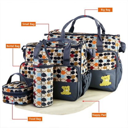 5PCS Baby Nappy Diaper Bags Set Mummy Diaper Shoulder Bags w/ Nappy Changing Pad Insulated Pockets Travel Tote Bags - Discount Msrp 