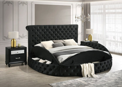 Luxurious 1pc Glam King Size Tufted Headboard Upholstered Storage Round Bed Black Footboard Storage Wooden Bedroom Furniture - Discount Msrp 