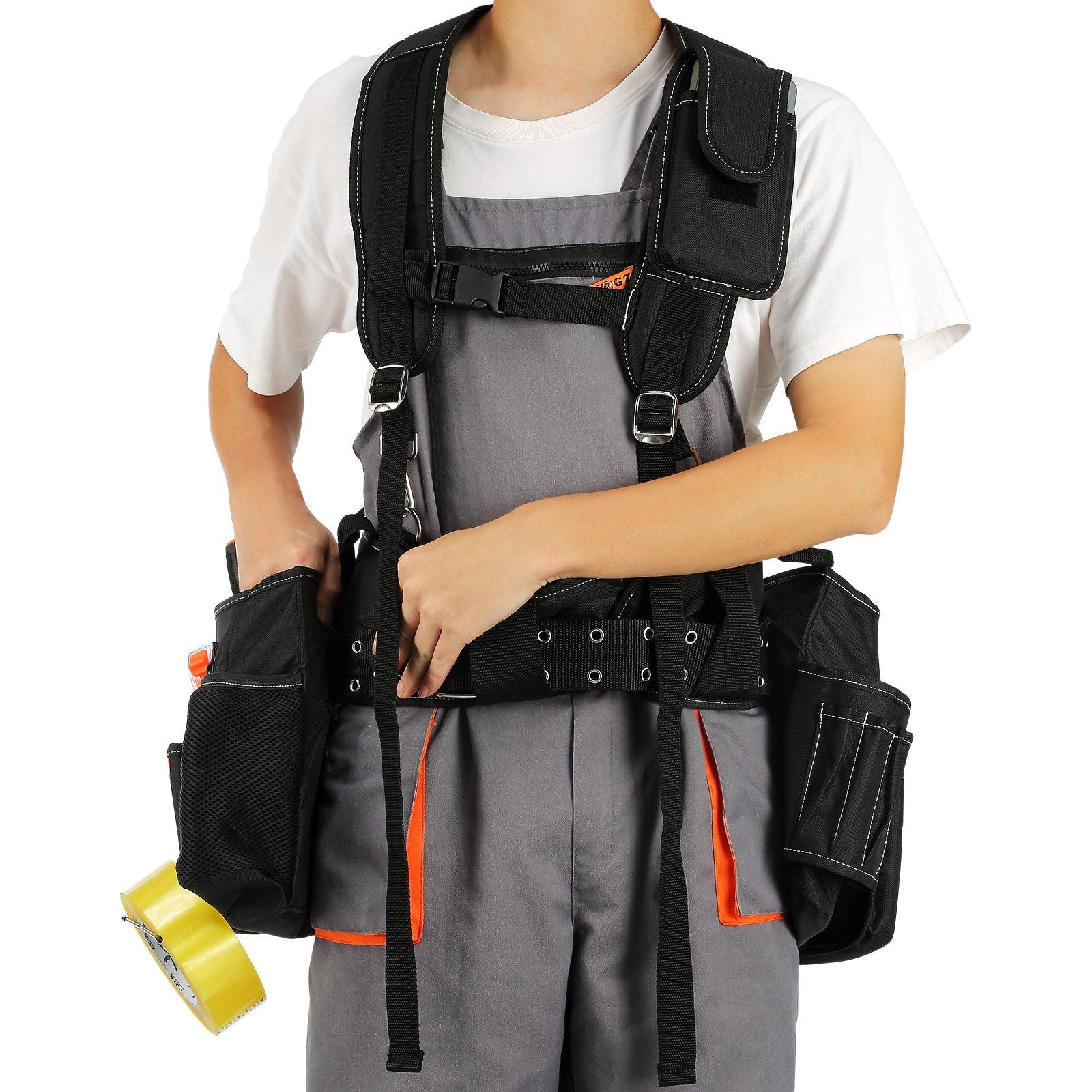 VEVOR Tool Belt with Suspenders, 29 Pockets, 29-54 inches Adjustable Waist Size, Tool Belts for Men, 600D Polyester Heavy Duty Carpenter Tool Pouch for Carpenters, Electricians, and Gardening, Black - Discount Msrp 