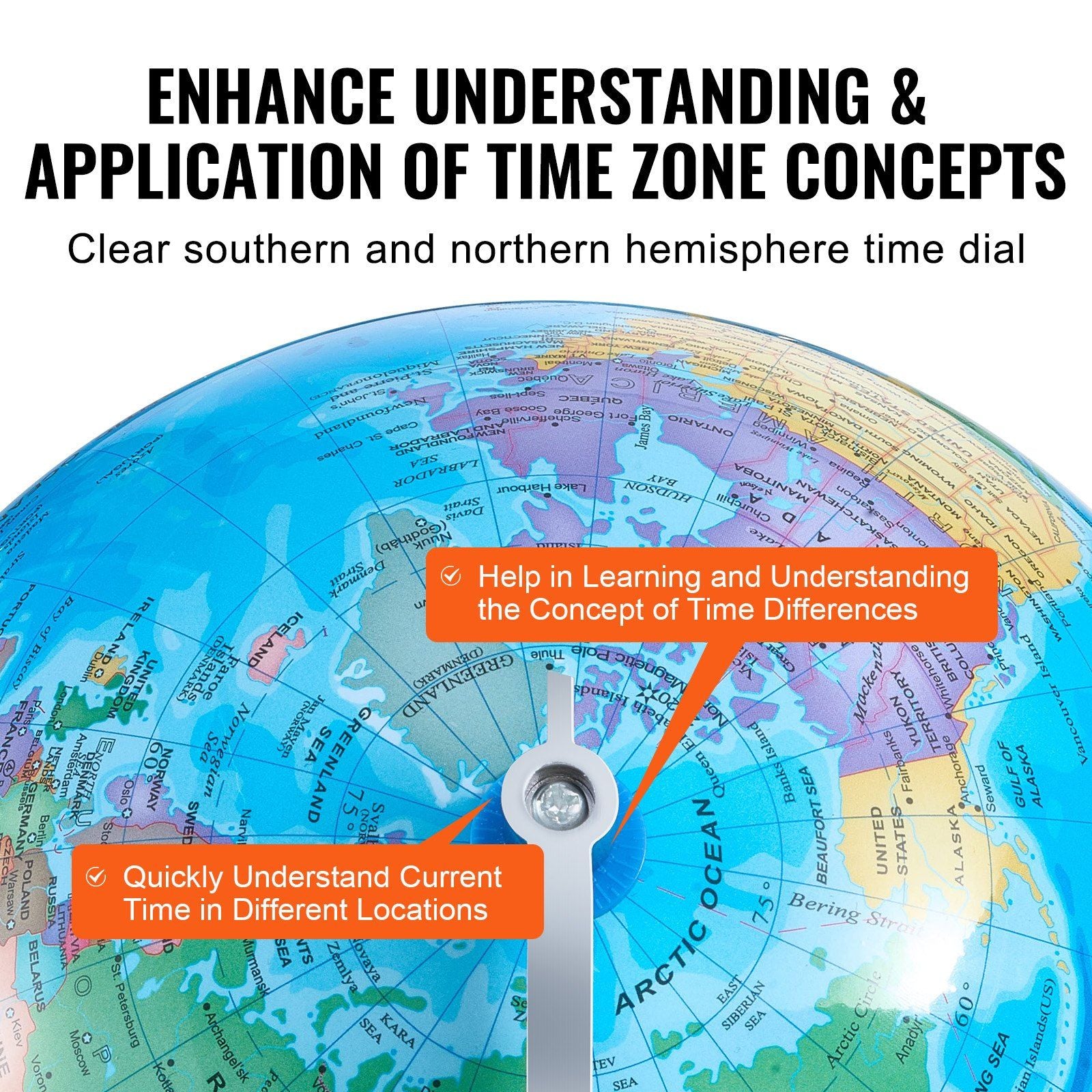 VEVOR Rotating World Globe with Stand, 8 in/203.2 mm, Educational Geographic Globe with Precise Time Zone ABS Material, 360° Spinning Globe for Kids Children Learning Classroom Geography Education - Discount Msrp 