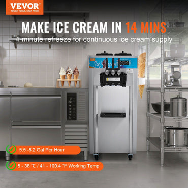 VEVOR Commercial Ice Cream Machine, 21-31 L/H Yield, 1800W 3-Flavor Freestanding Soft Serve Ice Cream Maker, 2 x 5.5L Stainless Steel Cylinder, LED Panel Auto Clean Pre-cooling, for Restaurant Bars - Discount Msrp 