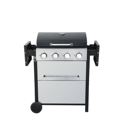 4-Burner Propane Gas BBQ Grill, 34200BTU Output With Wire Enamel Cooking Grids For Outdoor Barbecue, Foldable Side Table, Hanging Basket, Stainless Steel - Discount Msrp 