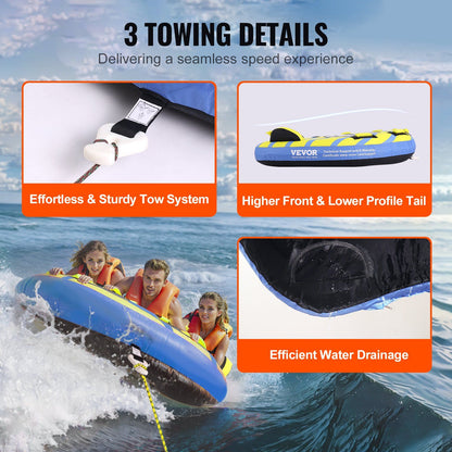 VEVOR Towable Tube for Boating, 1-3 Riders Inflatable Towable Tube with Bumper Fins, 510 lbs Water Sport Towable Tubes for Boats to Pull, Full Nylon Cover, EVA Grab Handles and Speed Safety Valve - Discount Msrp 