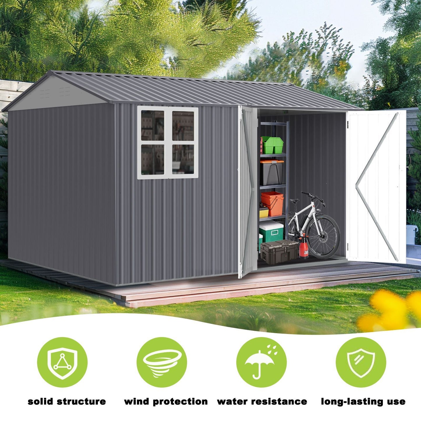 8X10FT Outdoor Storage Shed with Thickened Galvanized Steel,with Sloped Roof & Double Lockable Door,Storage Shed Large with 6 Vents, Garden Tool Shed for Backyard Garden Patio Lawn Bike,Lawnmower - Discount Msrp 