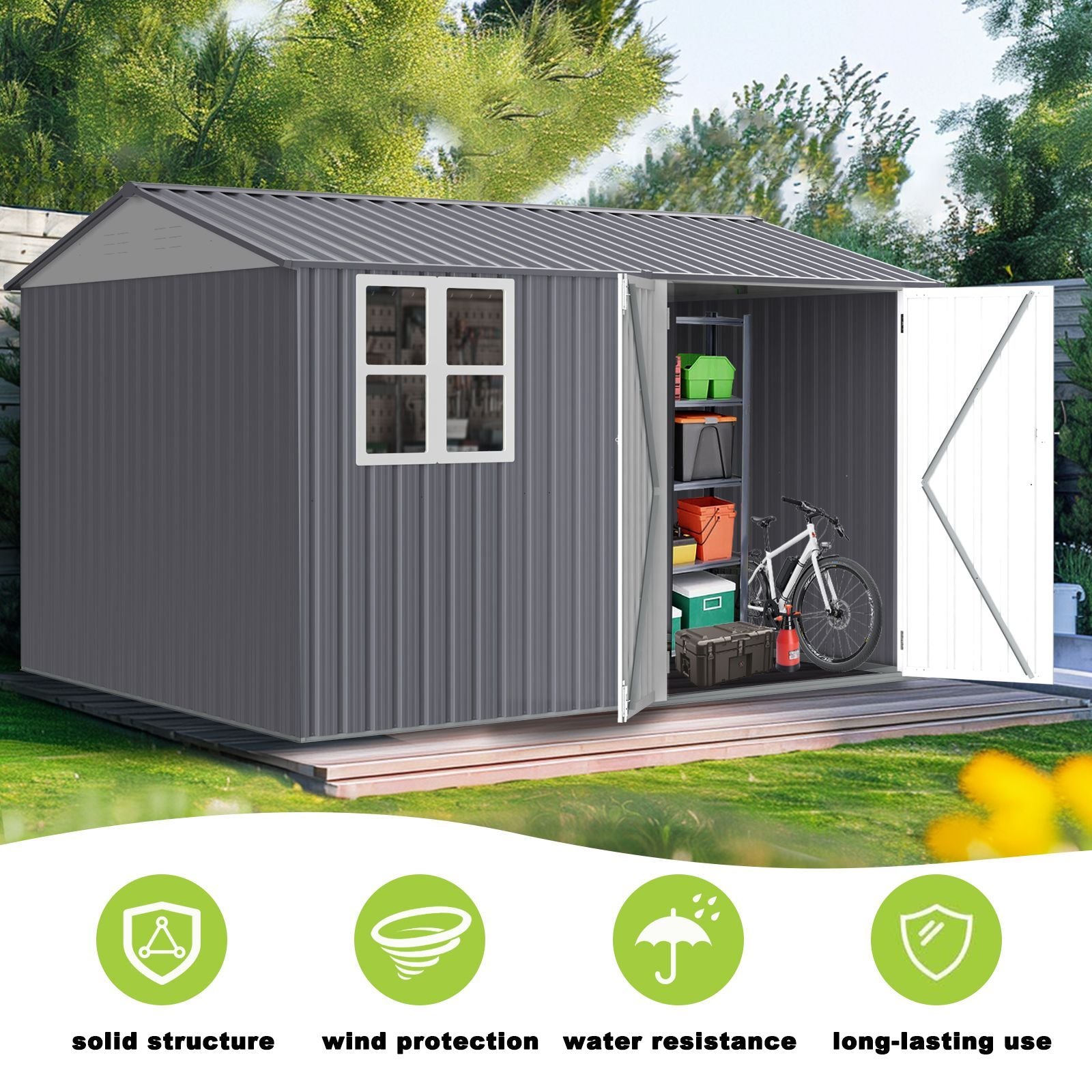8X10FT Outdoor Storage Shed with Thickened Galvanized Steel,with Sloped Roof & Double Lockable Door,Storage Shed Large with 6 Vents, Garden Tool Shed for Backyard Garden Patio Lawn Bike,Lawnmower - Discount Msrp 