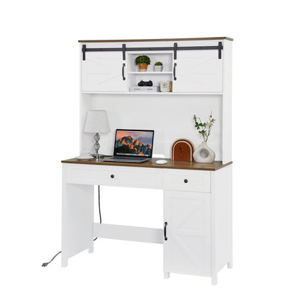 52" Farmhouse Executive Desk with Drawers, Wood Home Office Desk w/Charging Station, File Drawer, Storage Cabinet, Rustic Computer Writing Desk (Antique White) - Discount Msrp 