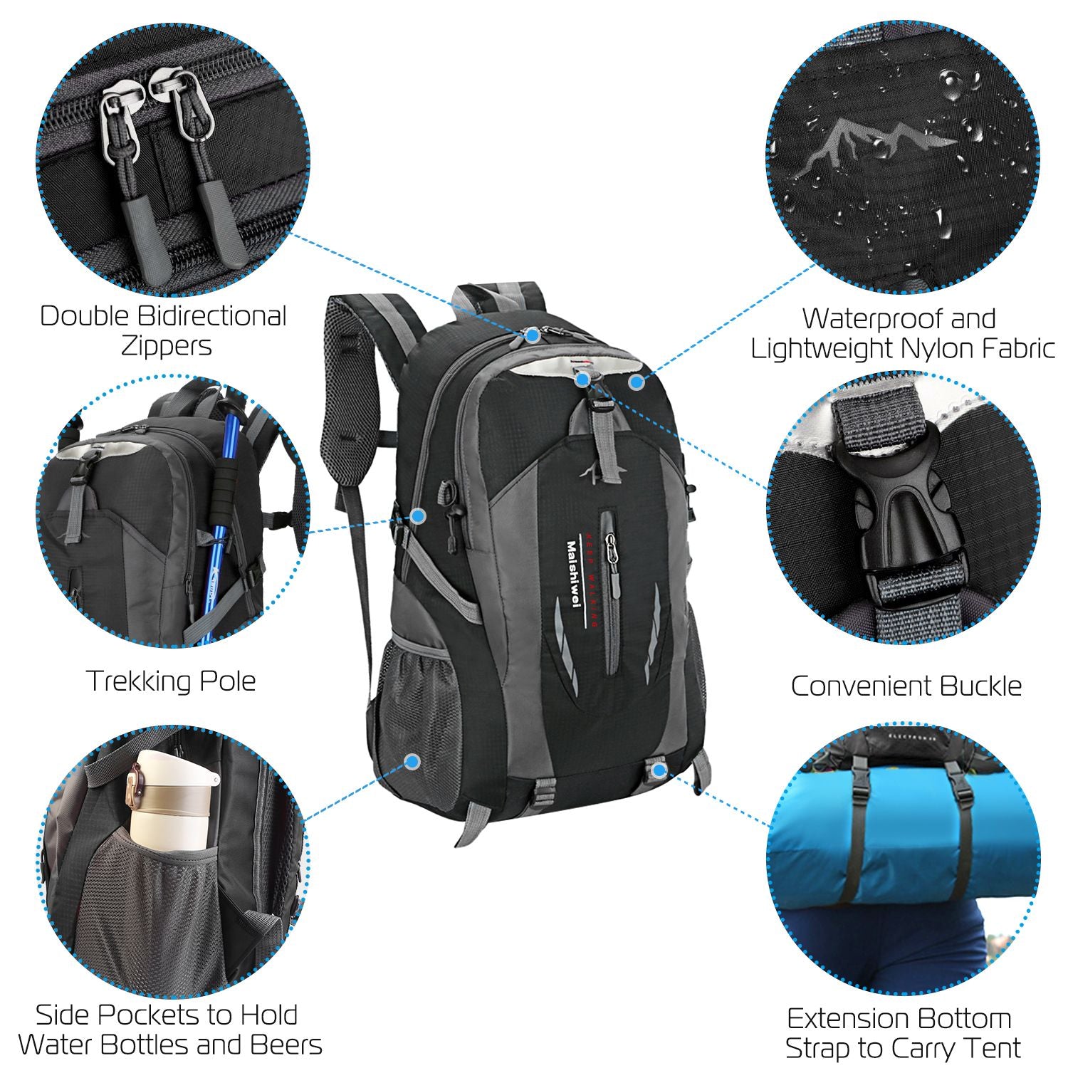 36L Travel Backpack Waterproof Hiking Daypack with Multiple Compartments and Pockets, Nylon Backpack for Camping - Discount Msrp 