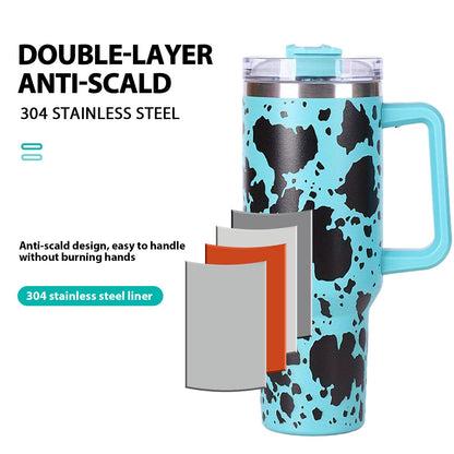 40oz 5D cowprint Insulated Tumbler With Handle And Straw Lid Portable Large Capacity water bottle, Heat preservation,304 Stainless Steel Cup For Outdoor Sports, Travel & Camping Birthday Gift - Discount Msrp 