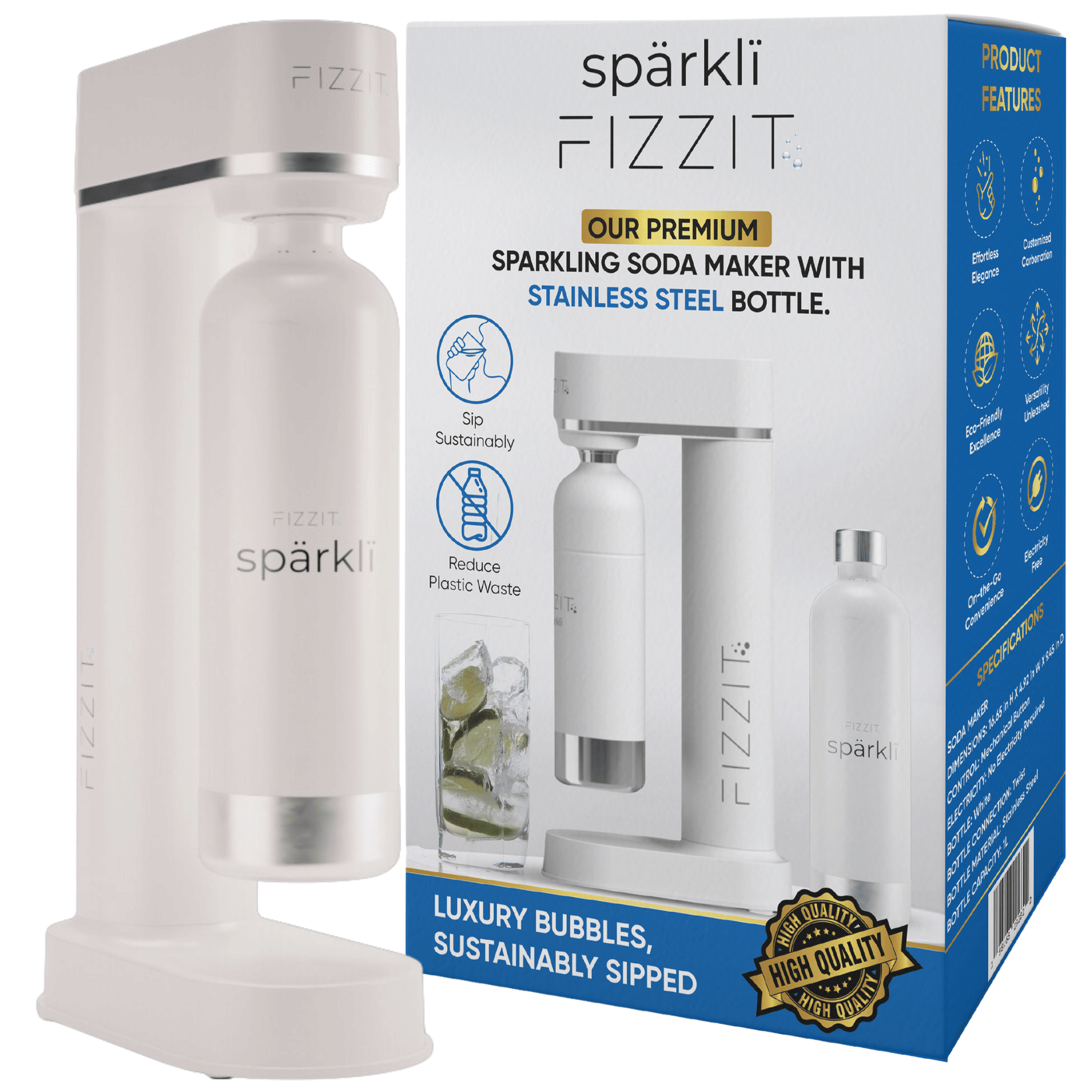 FIZZIT™ Spärklï Carbonated Water Soda Maker with Stainless Steel Bottle – Eco-Friendly, Dishwasher Bottles - Sparkling Water Maker - Discount Msrp 
