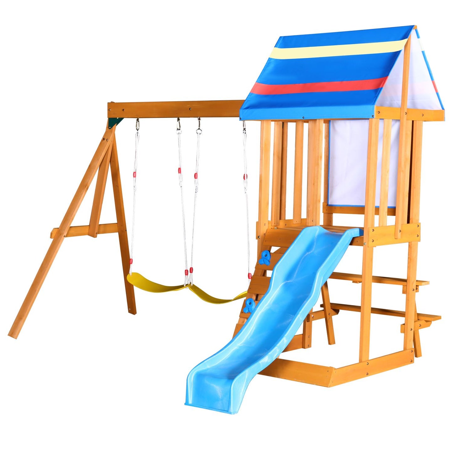 Wooden Outdoor Swing Set 3 in 1 Swing Set outdoor Children's Playset with Slide , 2 Swings and Climber for Garden, Backyard and Playground, Blue - Discount Msrp 