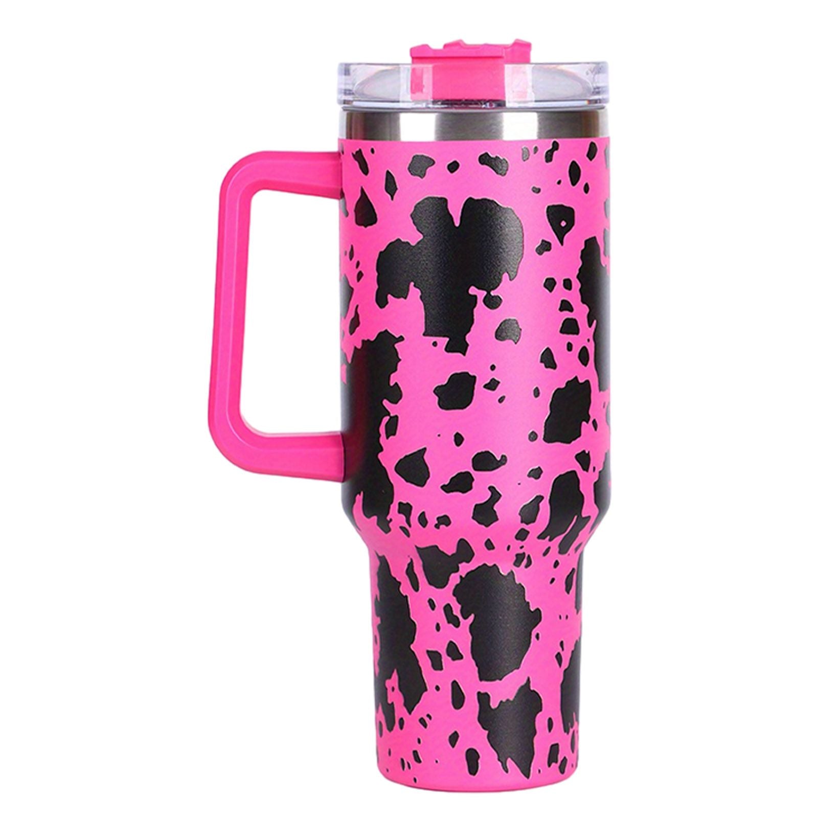 40oz 5D cowprint Insulated Tumbler With Handle And Straw Lid Portable Large Capacity water bottle, Heat preservation,304 Stainless Steel Cup For Outdoor Sports, Travel & Camping Birthday Gift - Discount Msrp 