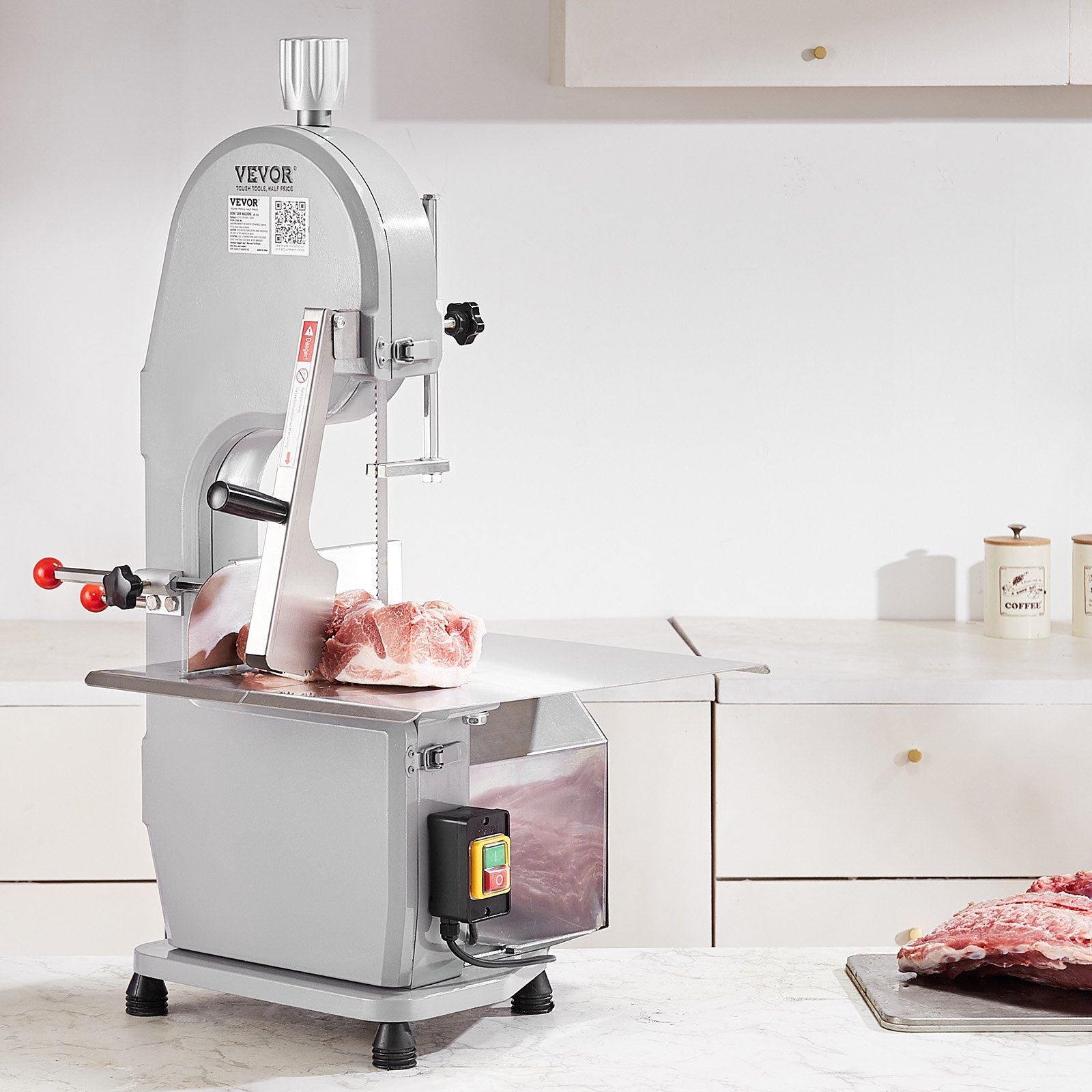 VEVOR Commercial Electric Meat Bandsaw, 1500W Stainless Steel Countertop Bone Sawing Machine, Workbeach 19.3" x 15", 0.16-7.9 Inch Cutting Thickness, Frozen Meat Cutter with 6 Blades for Rib Pork Beef - Discount Msrp 