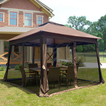 Outdoor 11x 11Ft Pop Up Gazebo Canopy With Removable Zipper Netting,2-Tier Soft Top Event Tent,Suitable For Patio Backyard Garden Camping Area with 4 Sandbags,Brown - Discount Msrp 