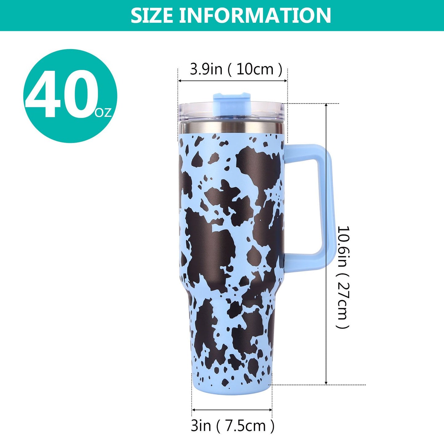 40oz 5D cowprint Insulated Tumbler With Handle And Straw Lid Portable Large Capacity water bottle, Heat preservation,304 Stainless Steel Cup For Outdoor Sports, Travel & Camping Birthday Gift - Discount Msrp 