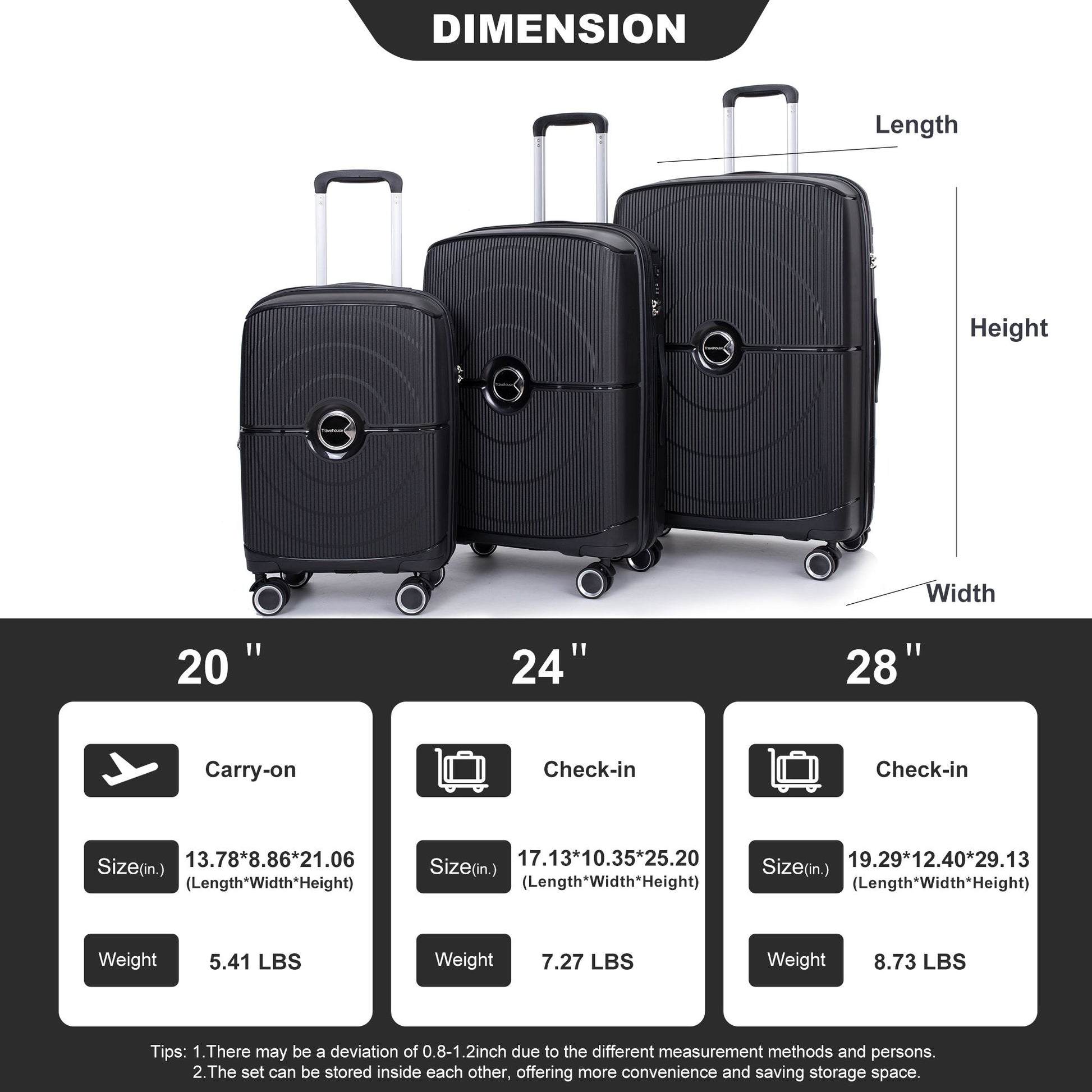 Expandable Hardshell Suitcase Double Spinner Wheels PP Luggage Sets Lightweight Durable Suitcase with TSA Lock,3-Piece Set (20/24/28) ,Black - Discount Msrp 