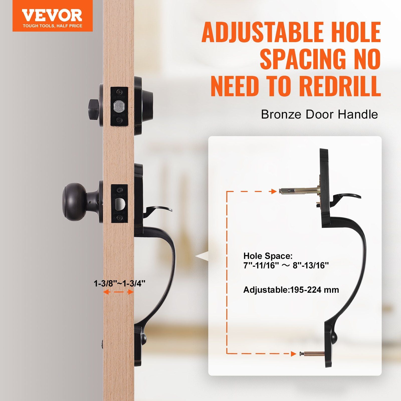 VEVOR Front Door Handle and Deadbolt Set, Antique Copper Front Door Lock Set with Interior Knob, Adjustable Hole Spacing Single Cylinder Handleset, for Right and Left Handed Entrance and Front Door - Discount Msrp 