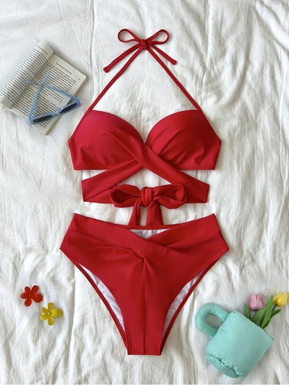 Sexy Push Up Bikini 2023 Solid High Waist Swimsuit Women Criss Cross Bandage Bikini Set Female Beachwear Bathing Suit biquini - Discount Msrp 