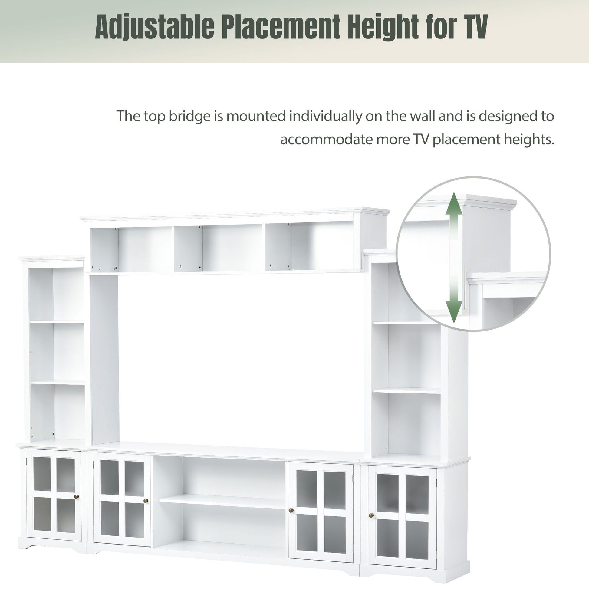 [VIDEO provided] ON-TREND Minimalism Entertainment Wall Unit with Bridge, Modern TV Console Table for TVs Up to 70", Multifunctional TV Stand with Tempered Glass Door, White (Old SKU: SD000009AAK) - Discount Msrp 