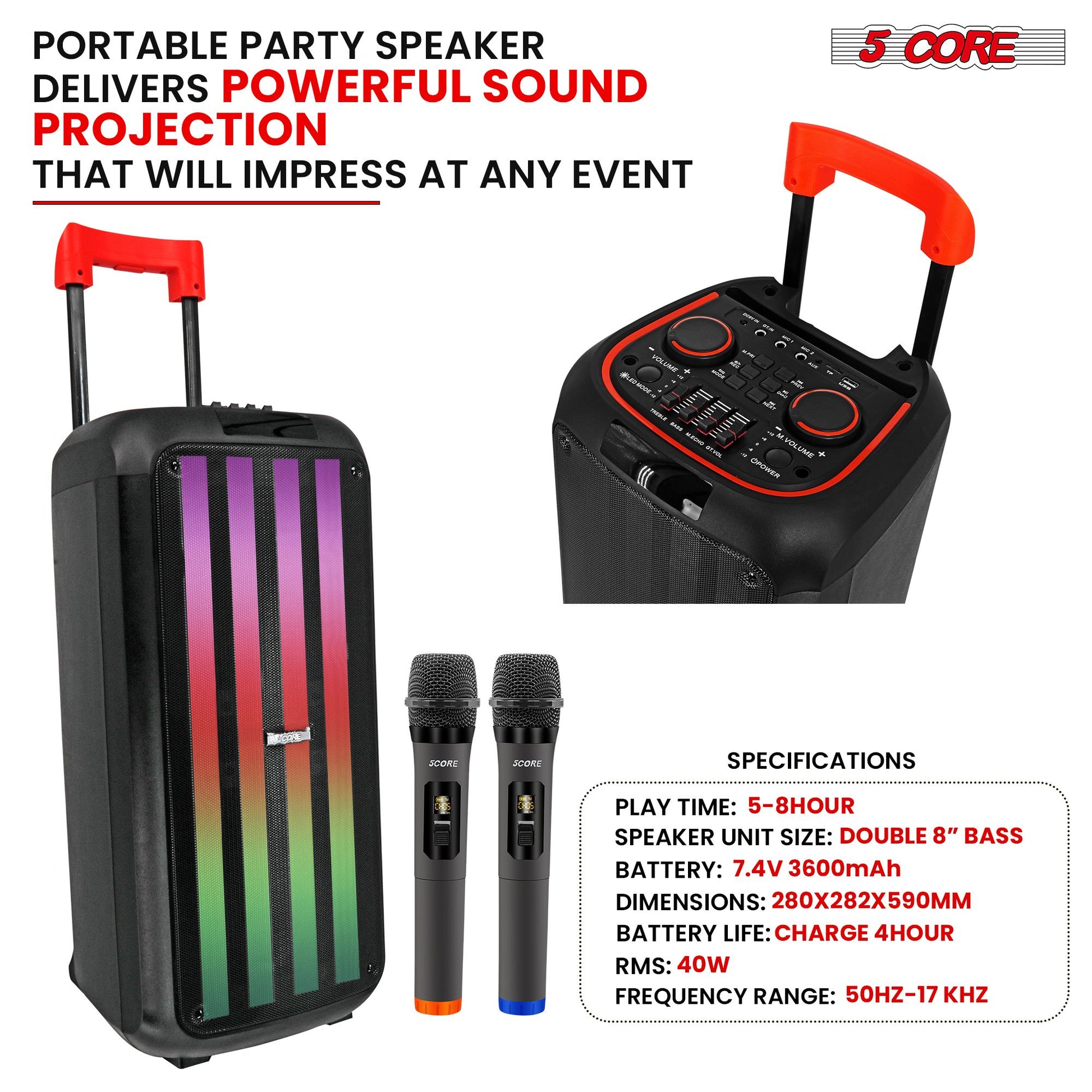 5 Core 8 Inch Bluetooth DJ Speaker 3 Way Boom Box Party Speakers Karaoke Machine Portable PA Bocina for Singing with 2 Wireless Microphone + Light PLB 8X2 2MIC - Discount Msrp 