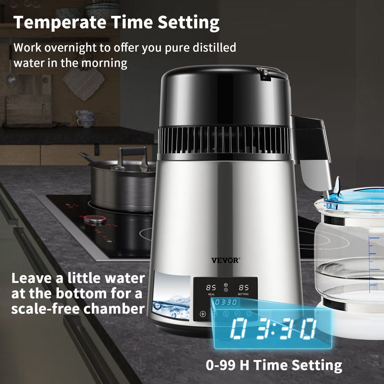 VEVOR 1.1Gal Water Distiller, 0.3Gal/H, 750W Distilled Water Maker Machine 0-99H Timing Dual Temp Display, 304 Stainless Steel Countertop Distiller Glass Carafe Cleaning Powder 3 Carbon Packs, Silver - Discount Msrp 