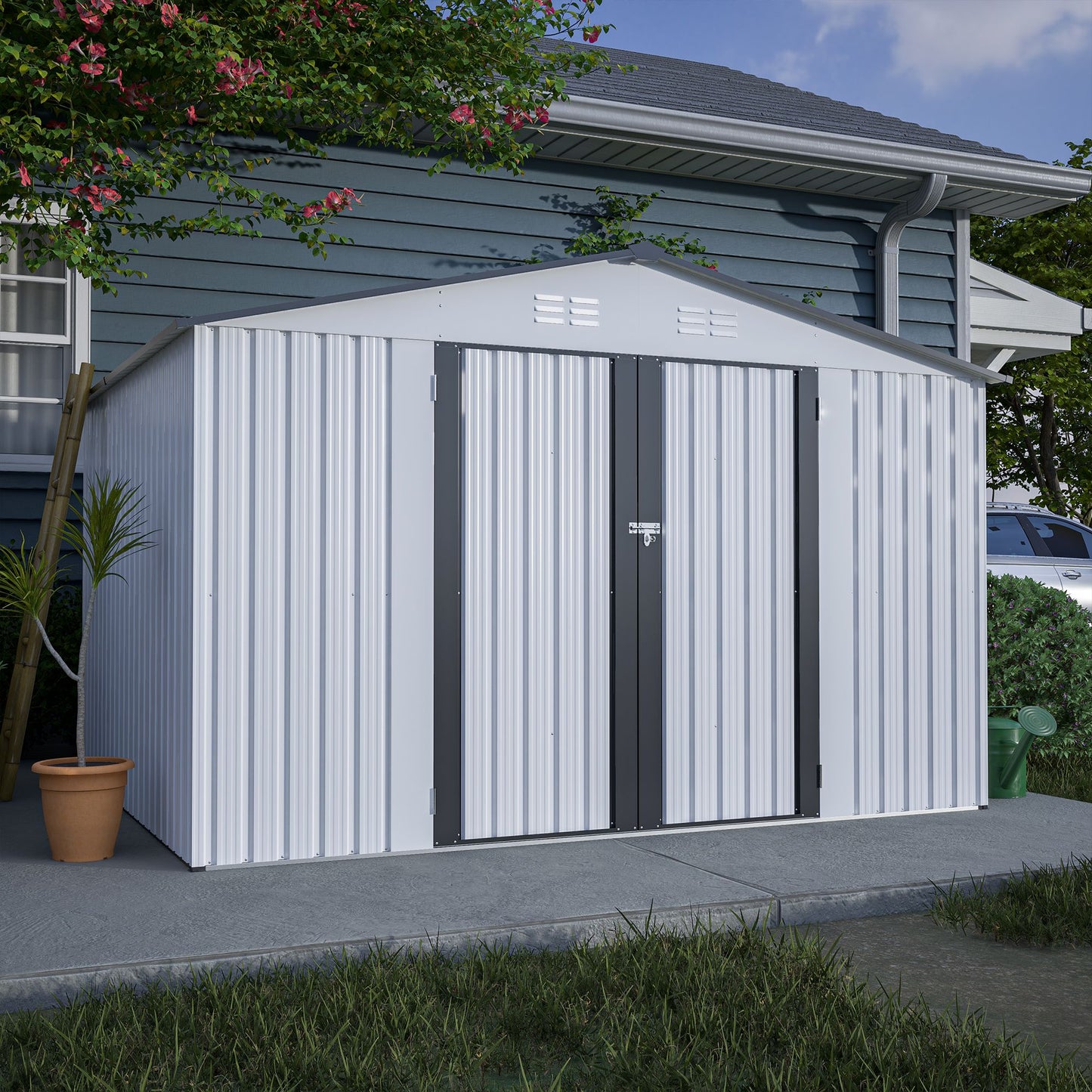 10X8 FT Outdoor Storage Shed, All Weather Metal Sheds with Lockable Doors, Tool Shed for Garden, Patio, Backyard, Lawn, Grey - Discount Msrp 