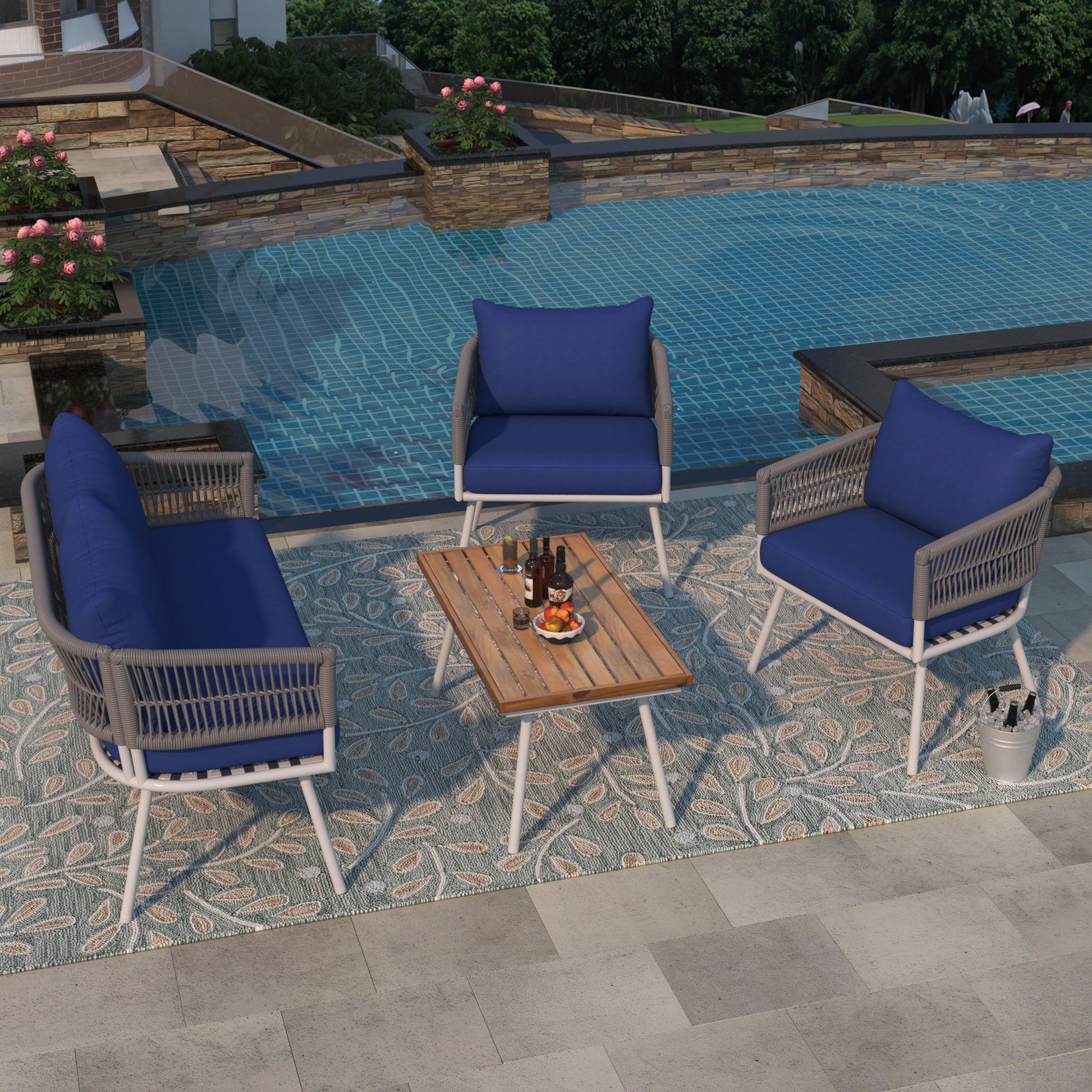 4-Piece Patio Furniture Set, Outdoor Furniture with Acacia Wood Table, Patio Conversation Set with Deep Seating & Thick Cushion for Backyard Porch Balcony - Discount Msrp 