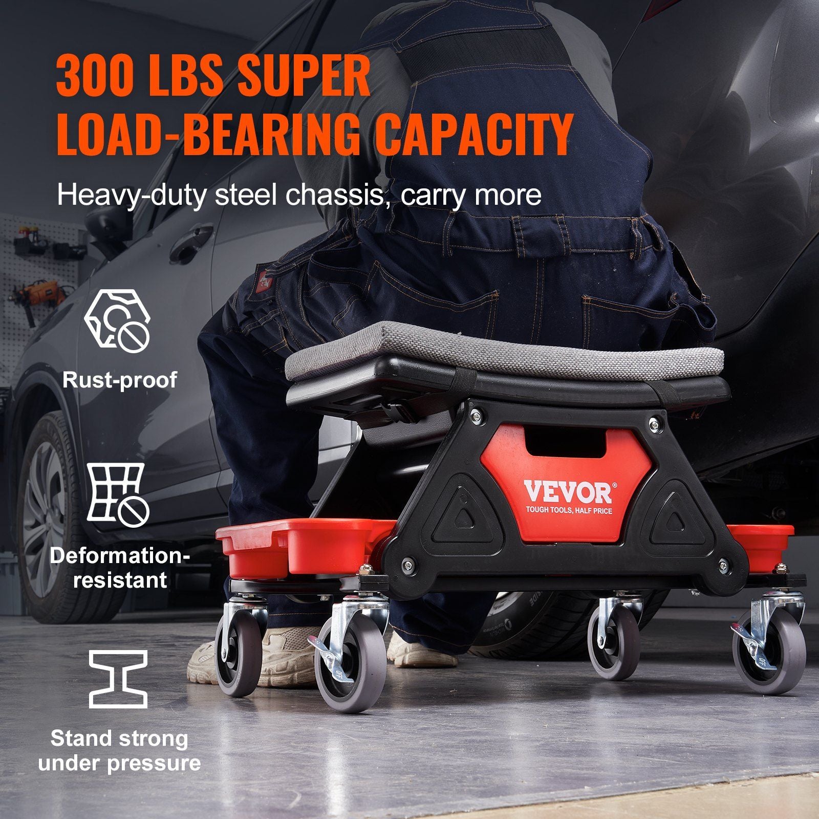 VEVOR Mechanics Stool, 300 LBS Capacity Rolling Mechanic Seat with 4" Wheels, with Three Slide Out Tool Trays and Drawer, Heavy Duty Roller Creeper Seat for Home Garage DIY Automotive - Discount Msrp 