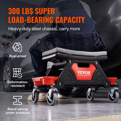 VEVOR Mechanics Stool, 300 LBS Capacity Rolling Mechanic Seat with 4" Wheels, with Three Slide Out Tool Trays and Drawer, Heavy Duty Roller Creeper Seat for Home Garage DIY Automotive - Discount Msrp 