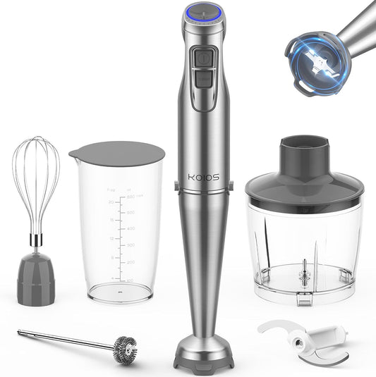 KOIOS 1100W Immersion Hand Blender, Stainless Steel Stick Blender with 12-Speed & Turbo Mode, 5-in-1 Handheld Blender with 600ml Mixing Beaker with Lid, 500ml Chopper, Whisk, Milk Frother, BPA-Free - Discount Msrp 