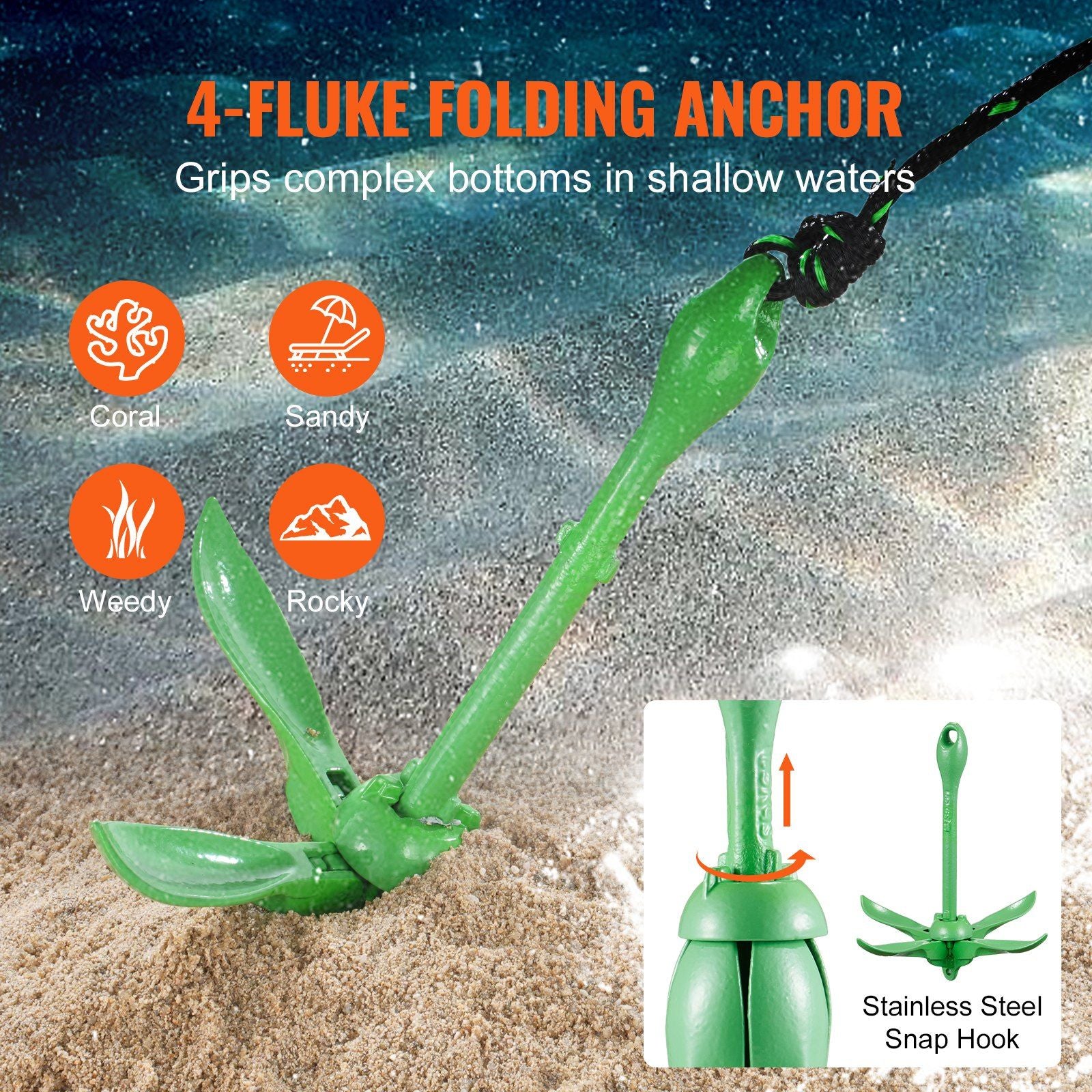 VEVOR Kayak Anchor Kit, 3.5 lb Paddle Board Anchor Kit with 26.2 ft/8 m Rope and Buoy, Folding Small Boat Anchor with Storage Bag and Snap Hook, Kayak Accessories for Kayaks, Small Boats, Canoes - Discount Msrp 