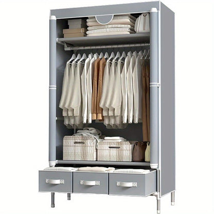 Portable Clothes Closet Rolling Door Wardrobe with Hanging Rack Non-Woven Fabric Storage Organizer with Three Drawer Boxes No-Tool Assembly - 67in*35.4in*17.7in(Gray) - Discount Msrp 