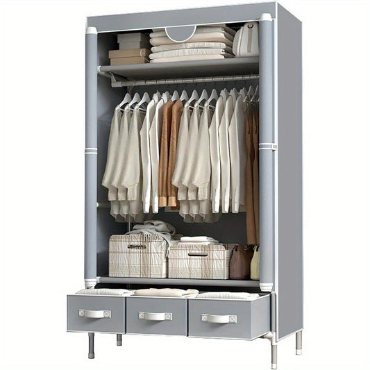 Portable Clothes Closet Rolling Door Wardrobe with Hanging Rack Non-Woven Fabric Storage Organizer with Three Drawer Boxes No-Tool Assembly - 67in*35.4in*17.7in(Gray) - Discount Msrp 