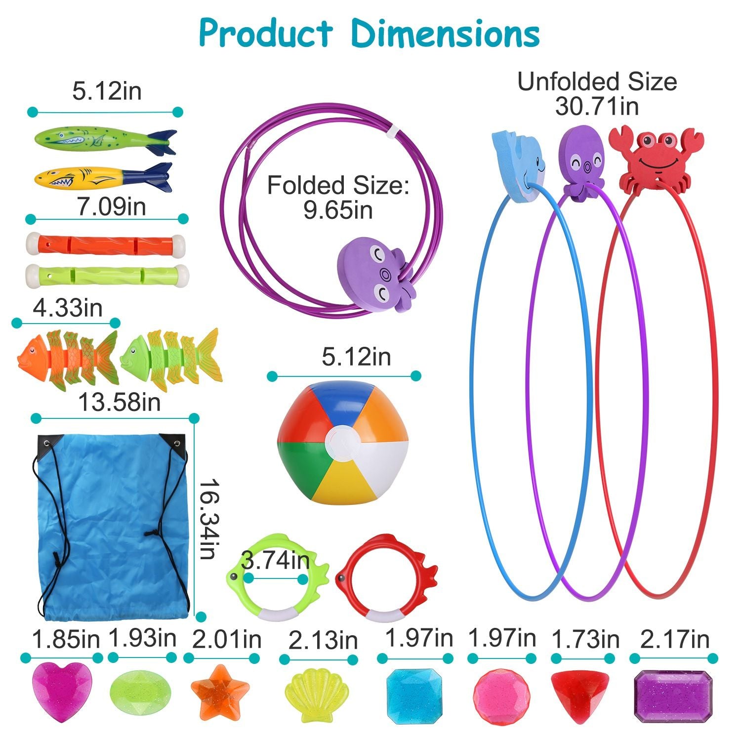 24Pcs Diving Toys Swimming Pool Toys Swim Toys for Kids Aged 3+ Years Old Swim Thru Rings Torpedoes Gems Volleyball Storage Bag - Discount Msrp 