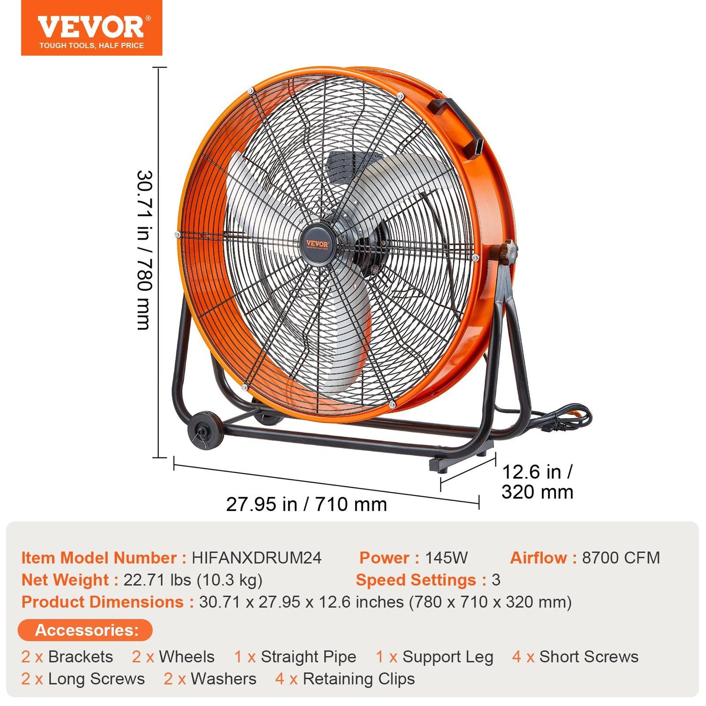 Drum Fan 24 Inch High Velocity Industrial Use 3-Speed 8600CFM for Warehouse - Discount Msrp 