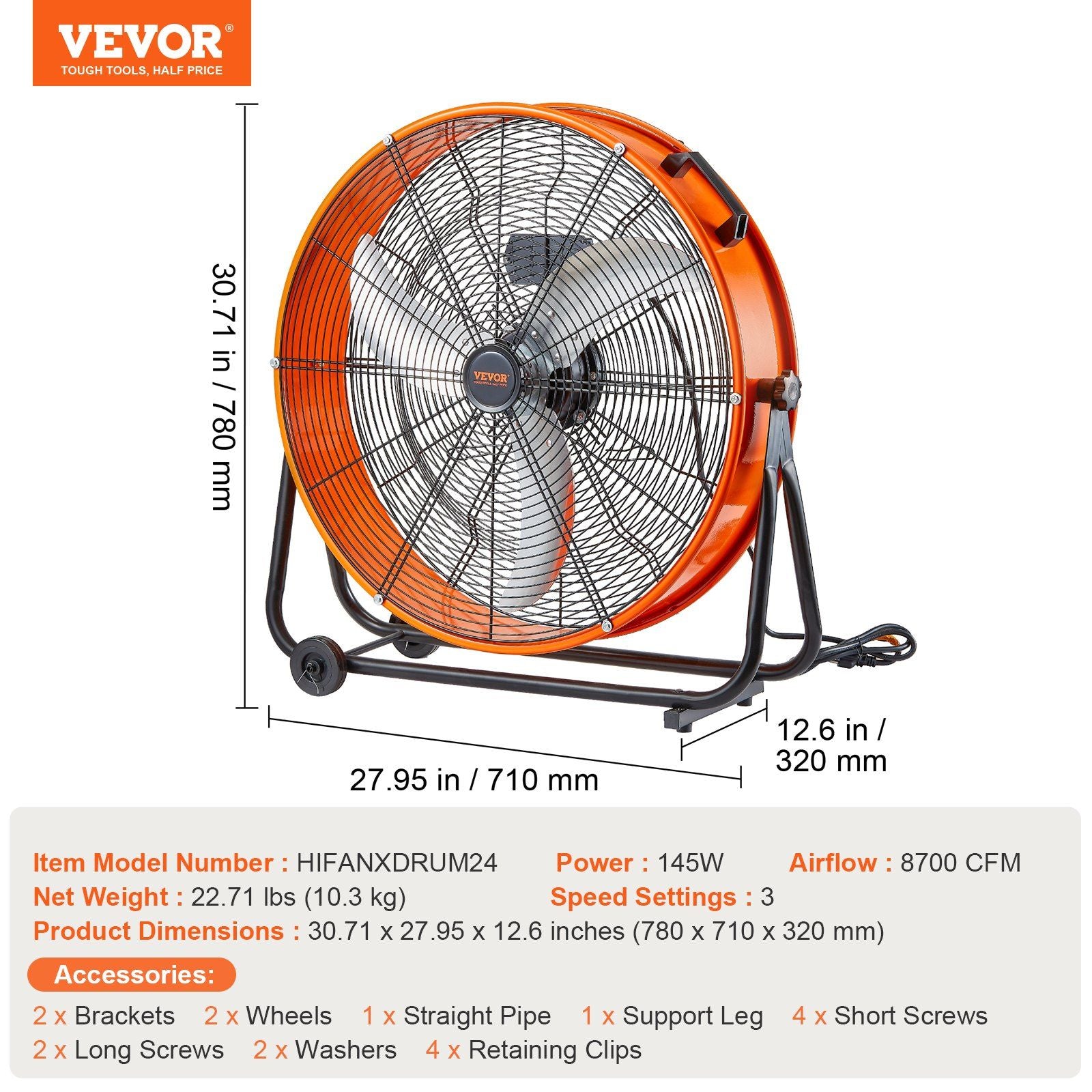 Drum Fan 24 Inch High Velocity Industrial Use 3-Speed 8600CFM for Warehouse - Discount Msrp 