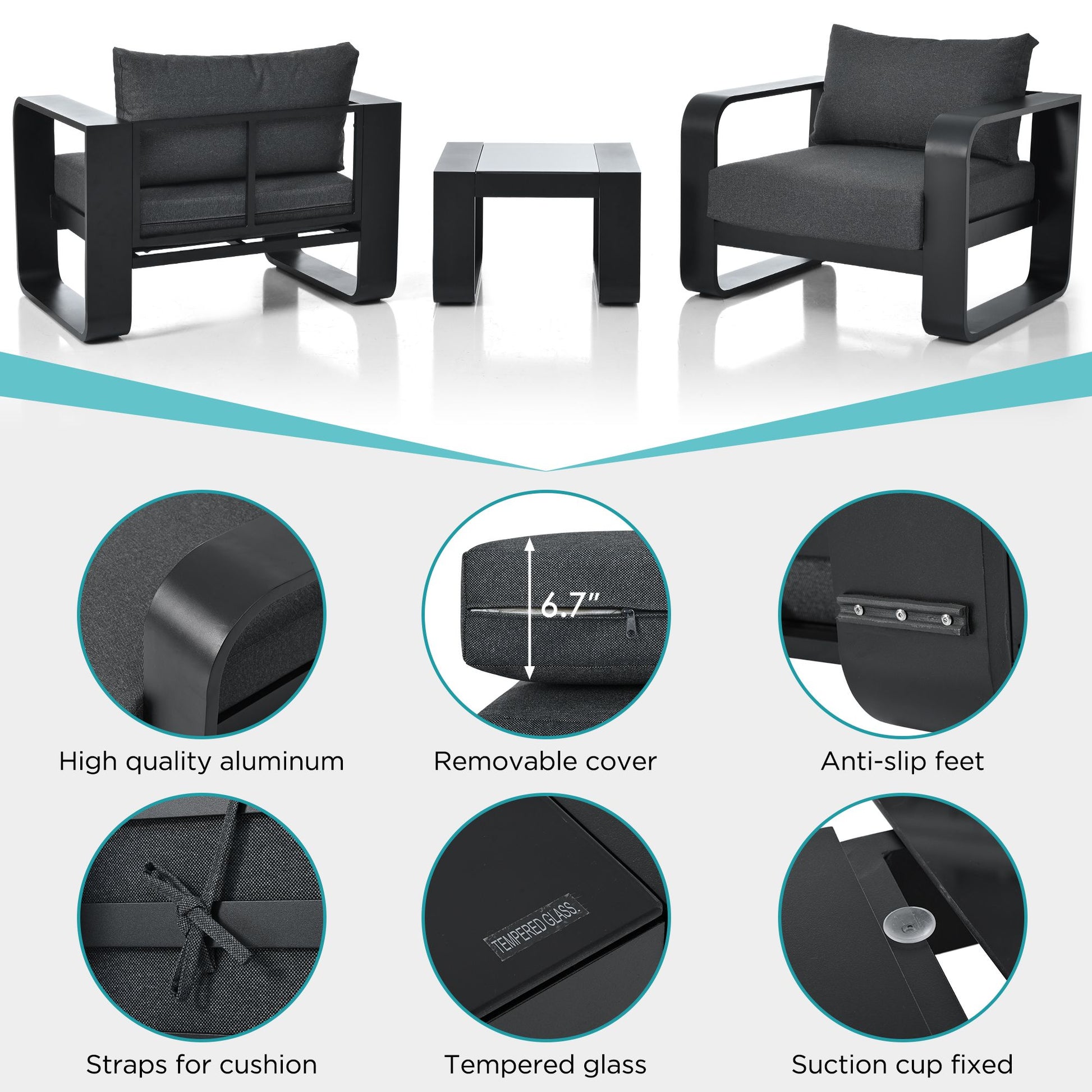 3-pieces Aluminum Frame Patio Furniture With 6.7" Thick Cushion And Coffee Table, All Weather Use Olefin fabric Outdoor Chair - Discount Msrp 