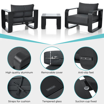 3-pieces Aluminum Frame Patio Furniture With 6.7" Thick Cushion And Coffee Table, All Weather Use Olefin fabric Outdoor Chair - Discount Msrp 