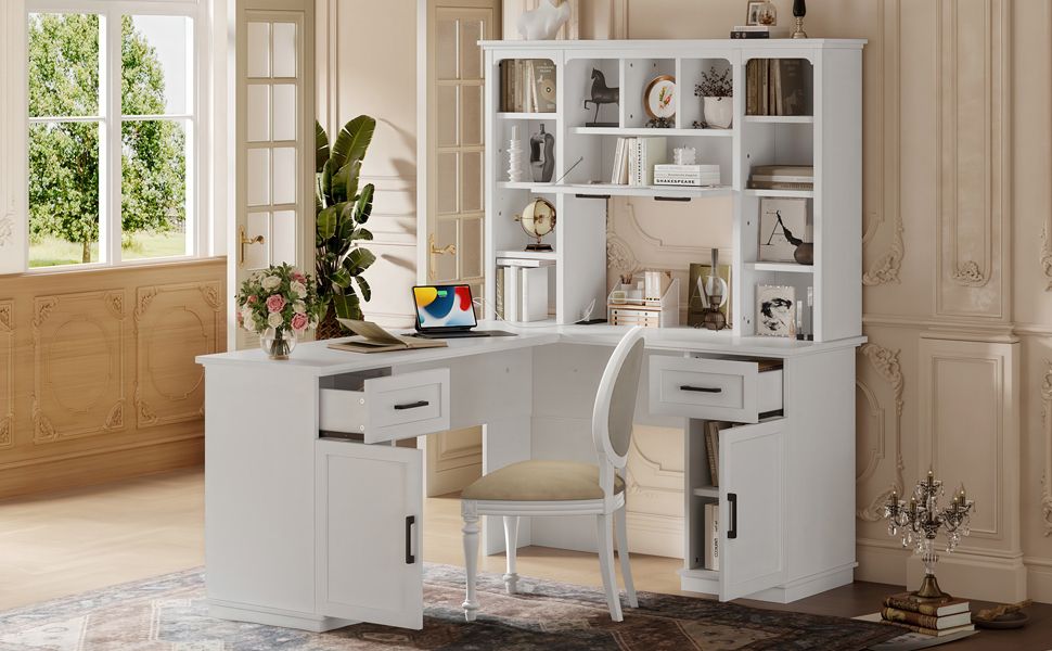 L-Shaped Computer Desk with 2 Cabinets and 2 Drawers, 11 Open Shelves and 1 Right Flip Shelf with Storage, with Power Outlet, for Study, Living Room and Office, White - Discount Msrp 