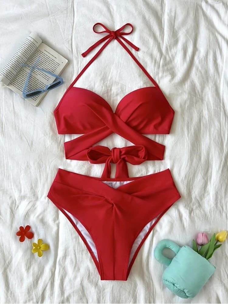 Sexy Push Up Bikini 2023 Solid High Waist Swimsuit Women Criss Cross Bandage Bikini Set Female Beachwear Bathing Suit biquini - Discount Msrp 